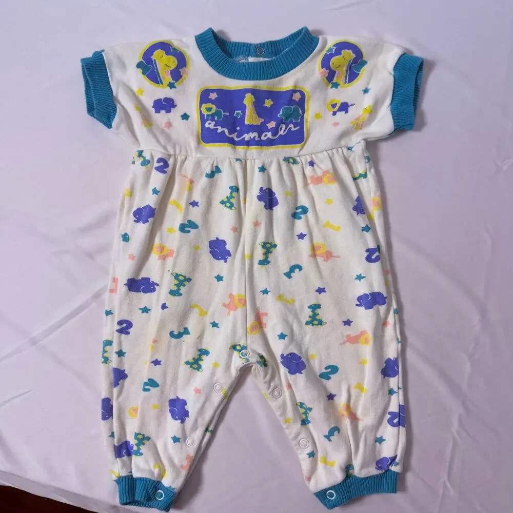 Vintage 80s Oneita's Kids Animals & Numbers 100% Cotton Romper Sz 6 mo